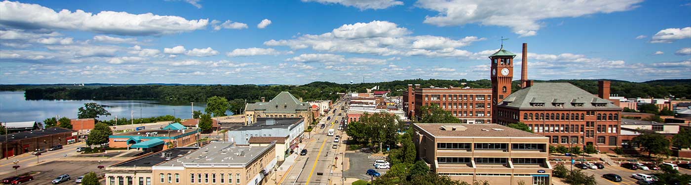 arial view of downtown menomonie, wi